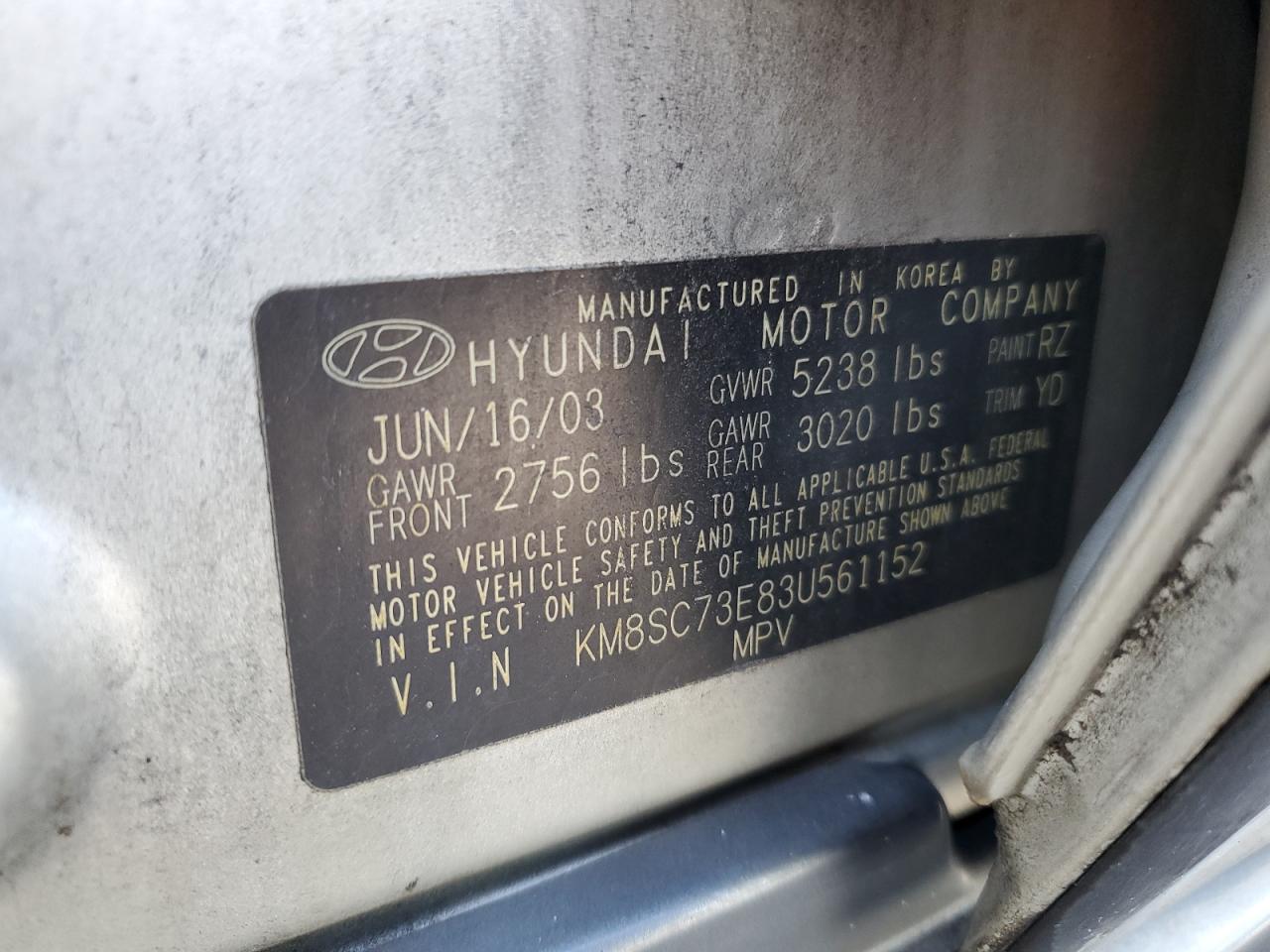 KM8SC73E83U561152 2003 Hyundai Santa Fe Gls