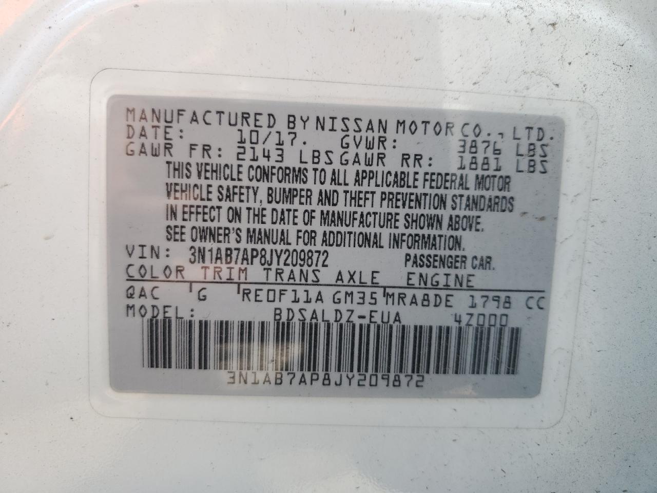 3N1AB7AP8JY209872 2018 Nissan Sentra S