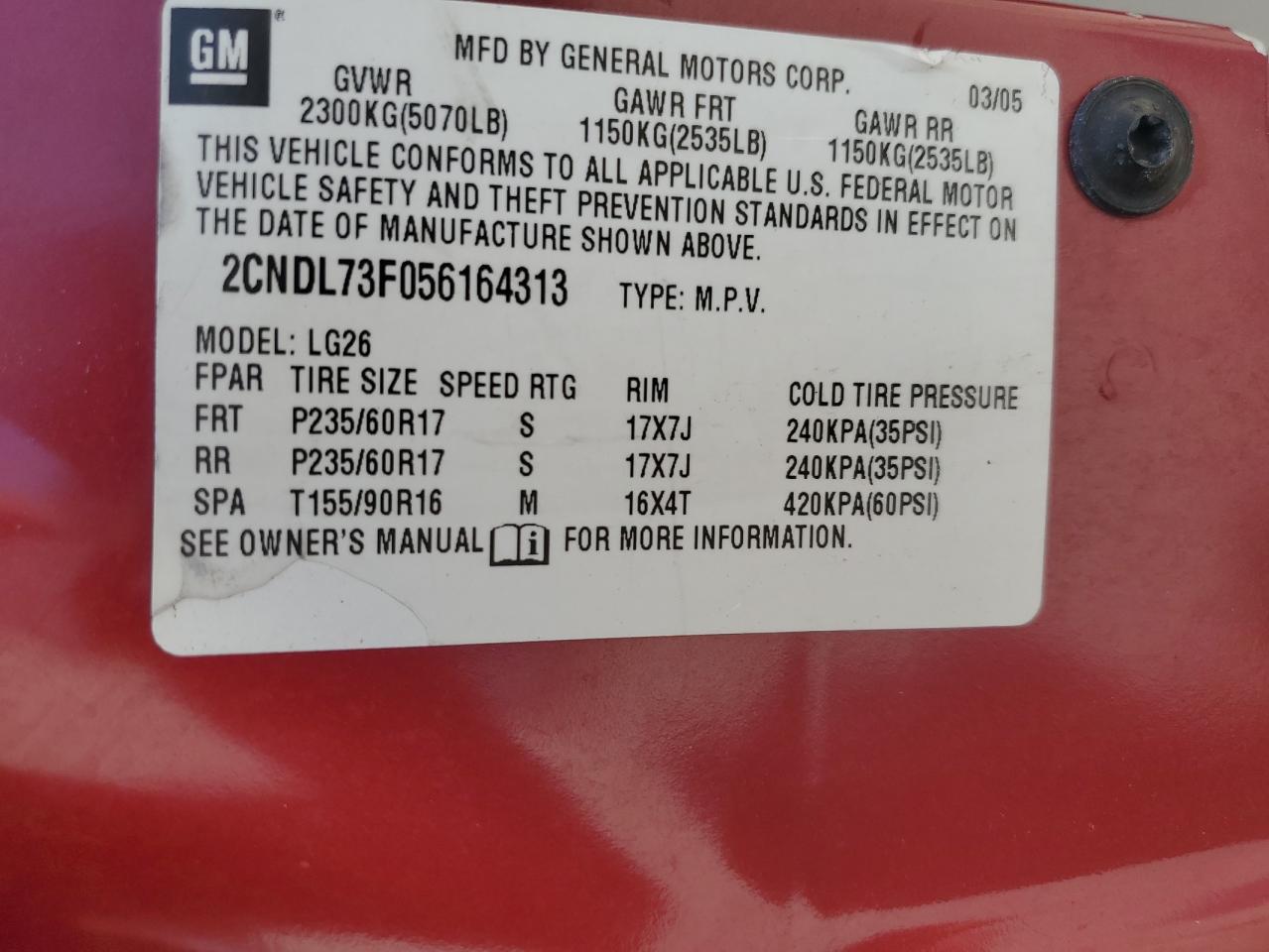 2CNDL73F056164313 2005 Chevrolet Equinox Lt