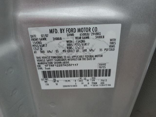 2007 Ford F150 VIN: 1FTRF12257KD57117 Lot: 58491524
