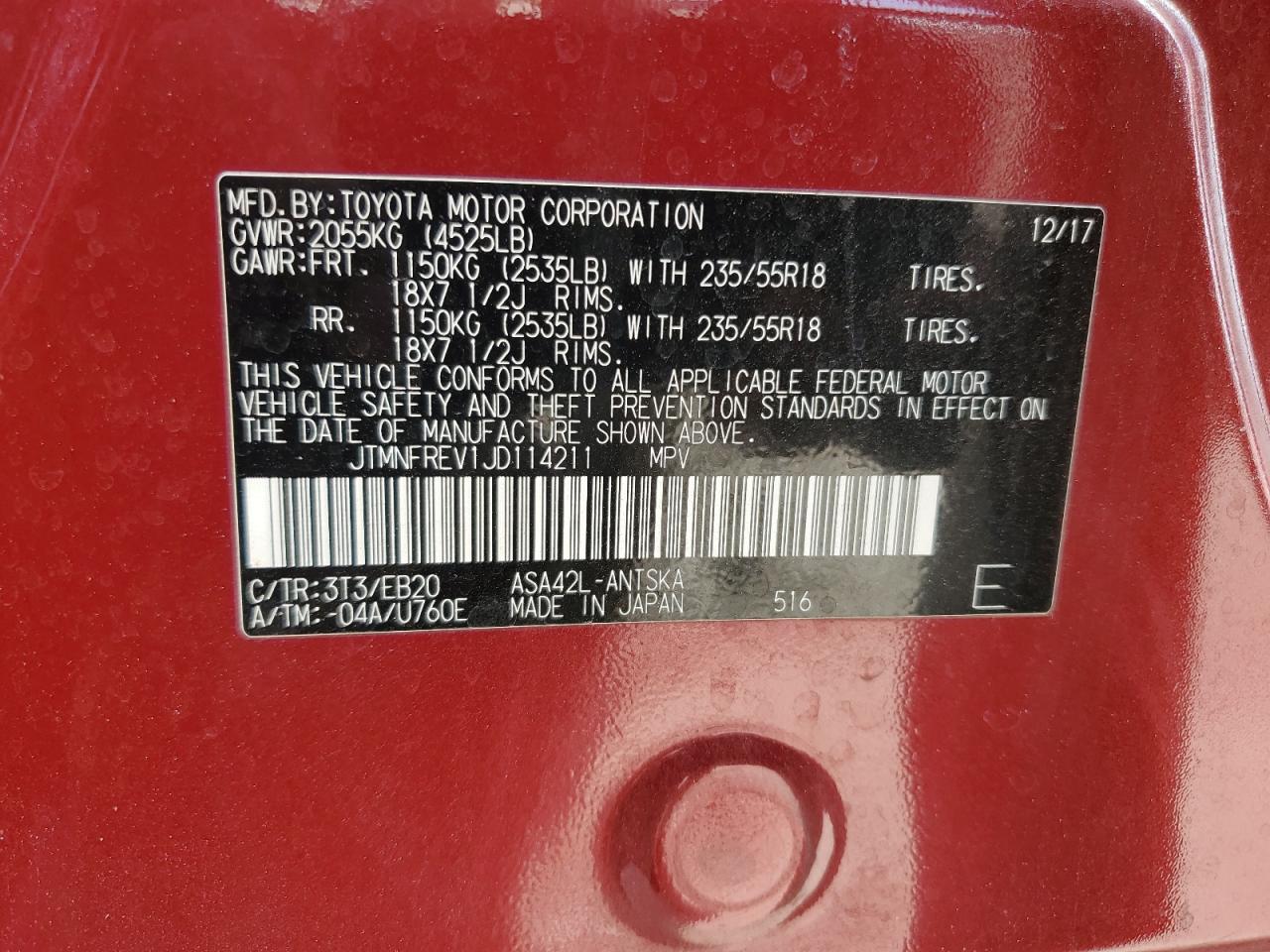 JTMNFREV1JD114211 TOYOTA RAV4 2018