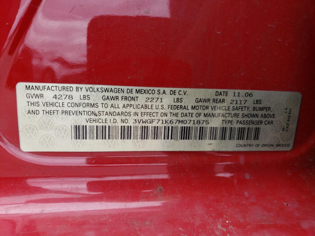 3VWGF71K67M071875 2007 Volkswagen Jetta