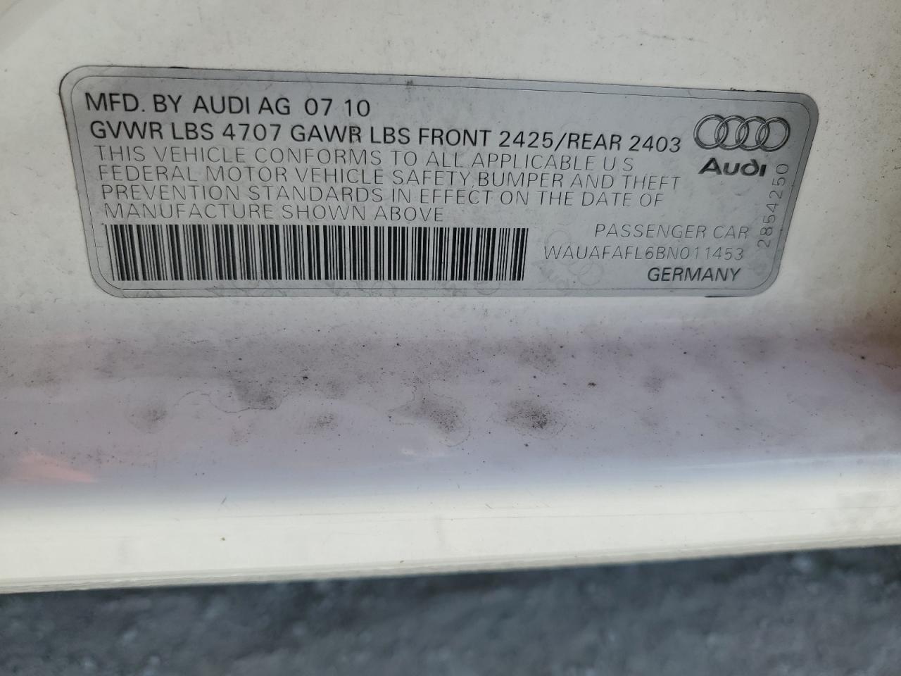 WAUAFAFL6BN011453 2011 Audi A4 Premium