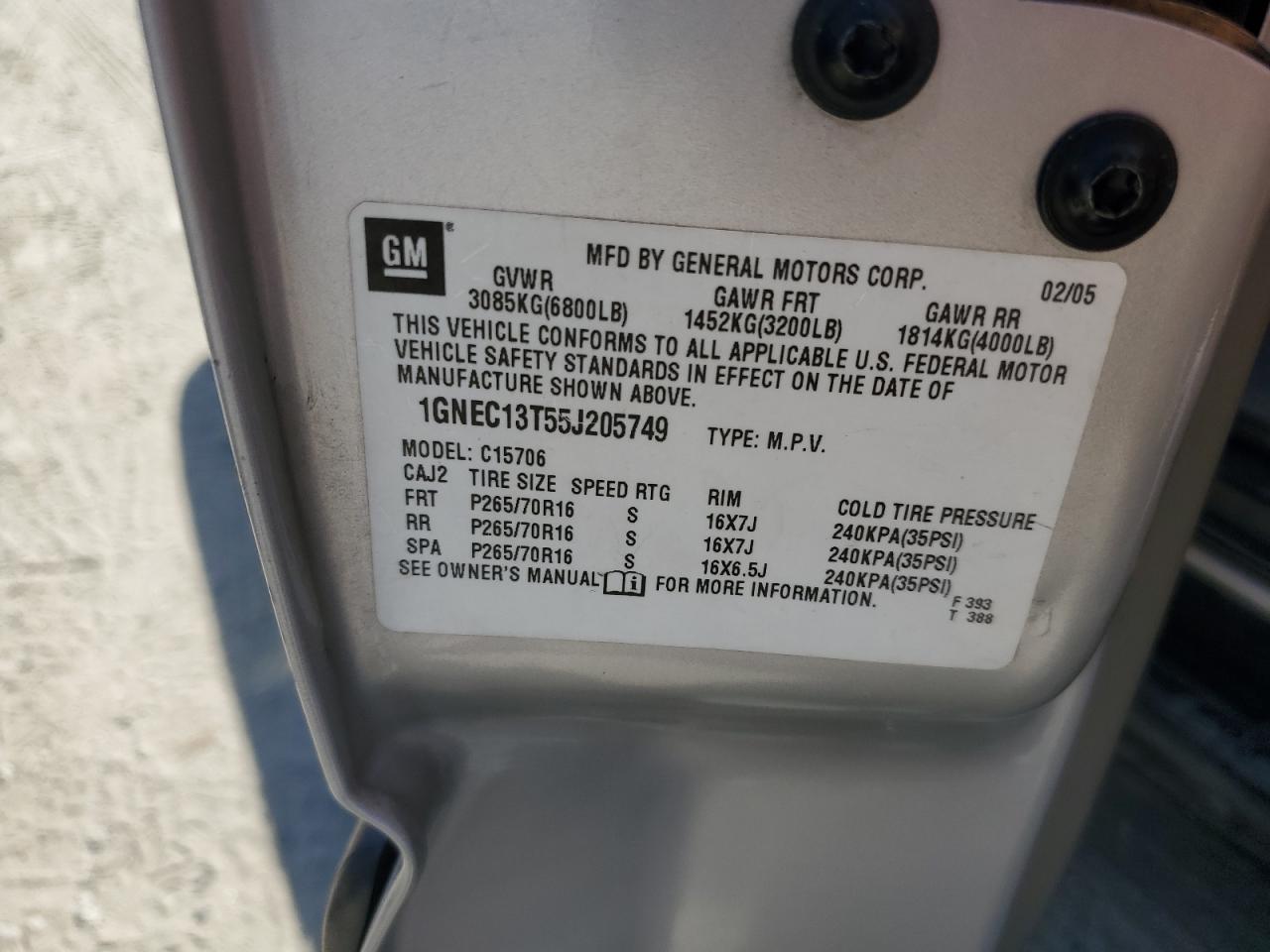 1GNEC13T55J205749 2005 Chevrolet Tahoe C1500