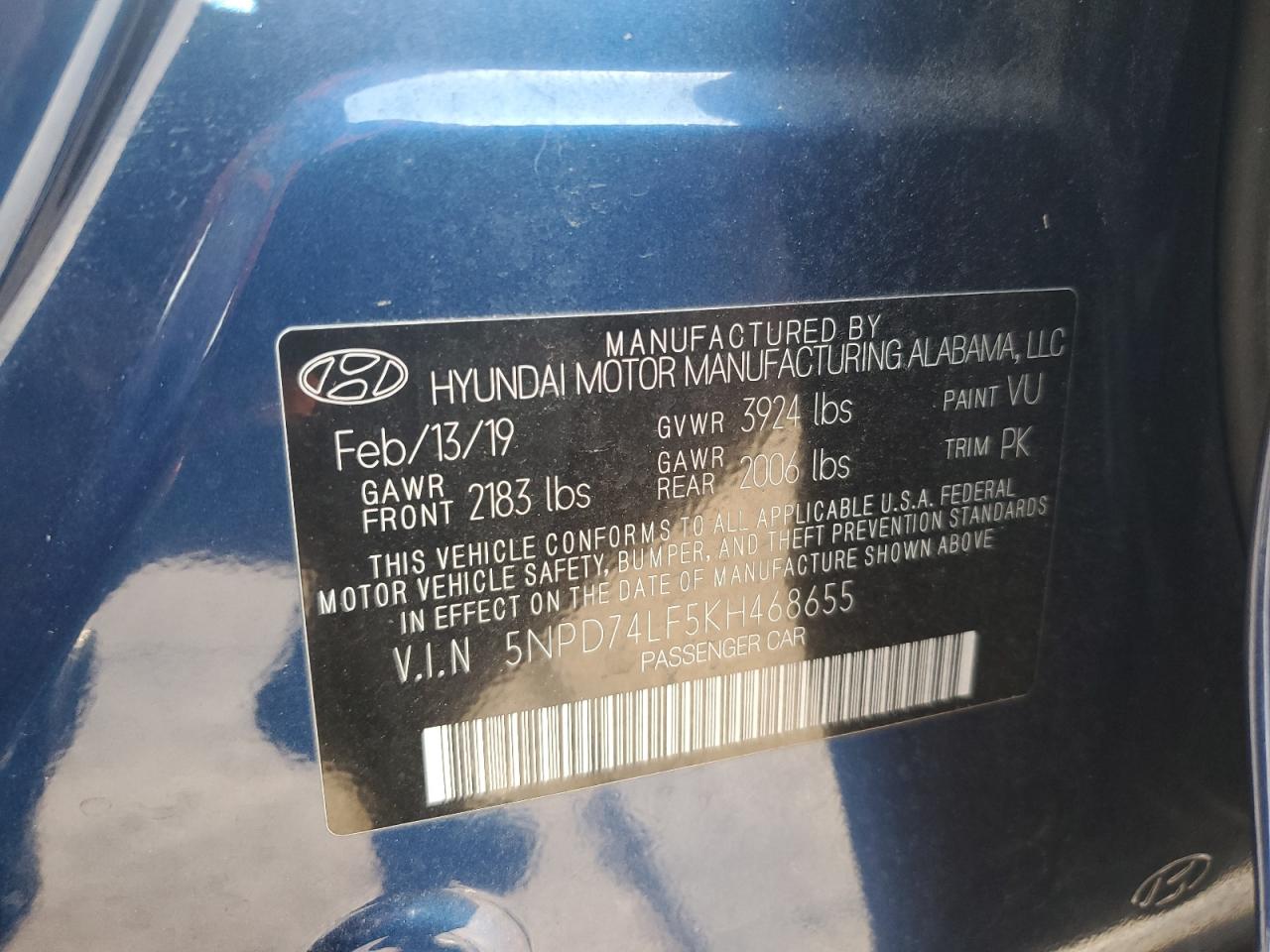 5NPD74LF5KH468655 2019 Hyundai Elantra Se