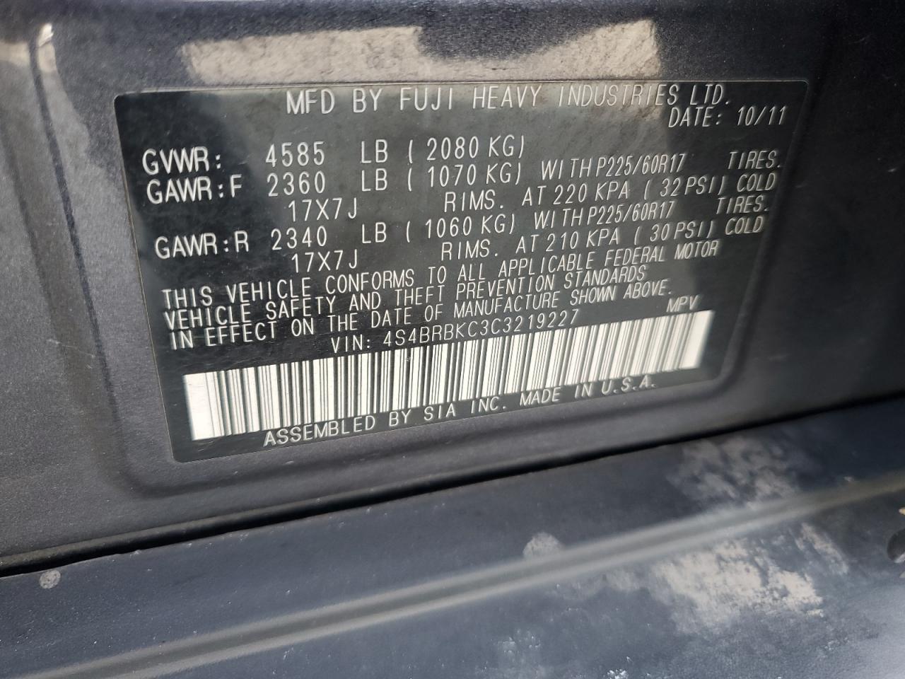 4S4BRBKC3C3219227 2012 Subaru Outback 2.5I Limited