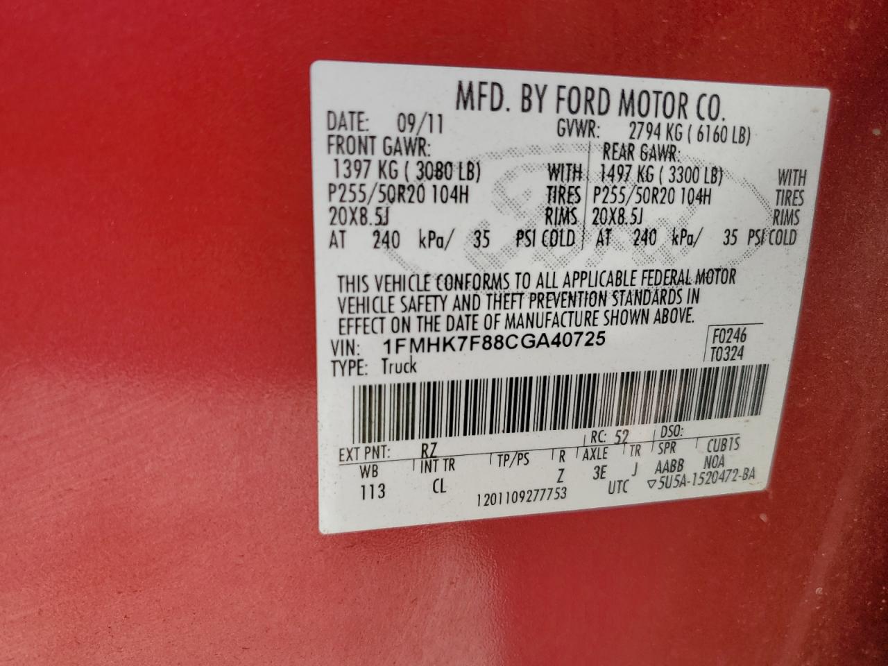 1FMHK7F88CGA40725 2012 Ford Explorer Limited