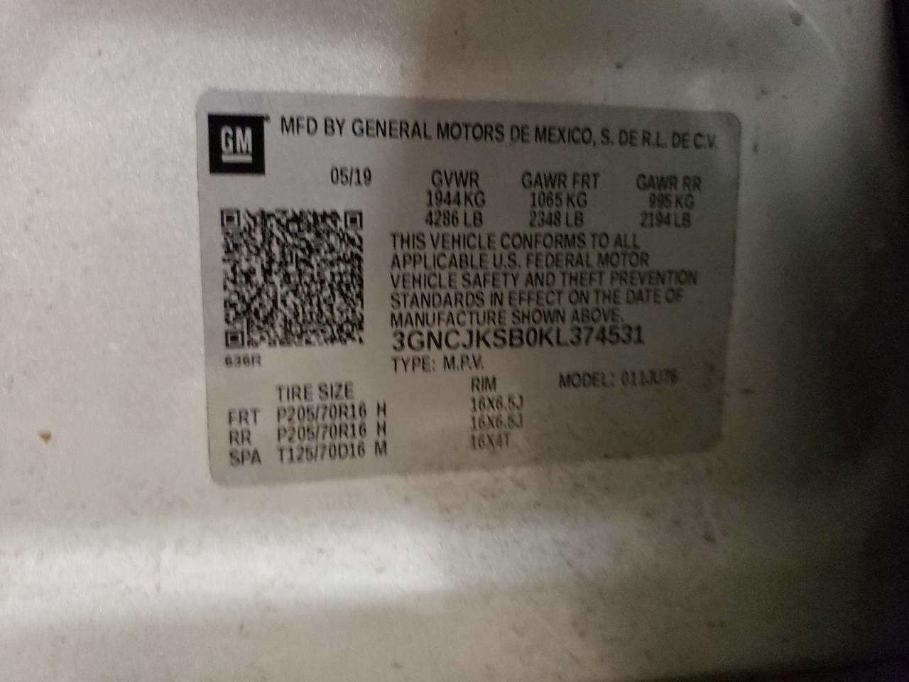 3GNCJKSB0KL374531 2019 Chevrolet Trax Ls