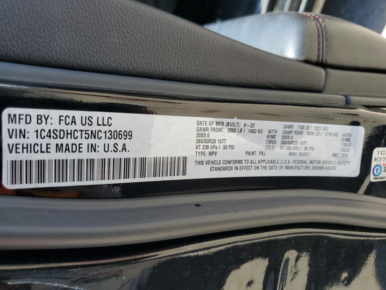 1C4SDHCT5NC130699 2022 Dodge Durango R/T