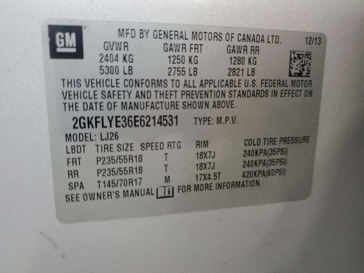 2GKFLYE36E6214531 2014 GMC Terrain Slt