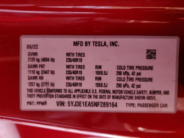 2022 Tesla Model 3 VIN: 5YJ3E1EA5NF289164 Lot: 59960184