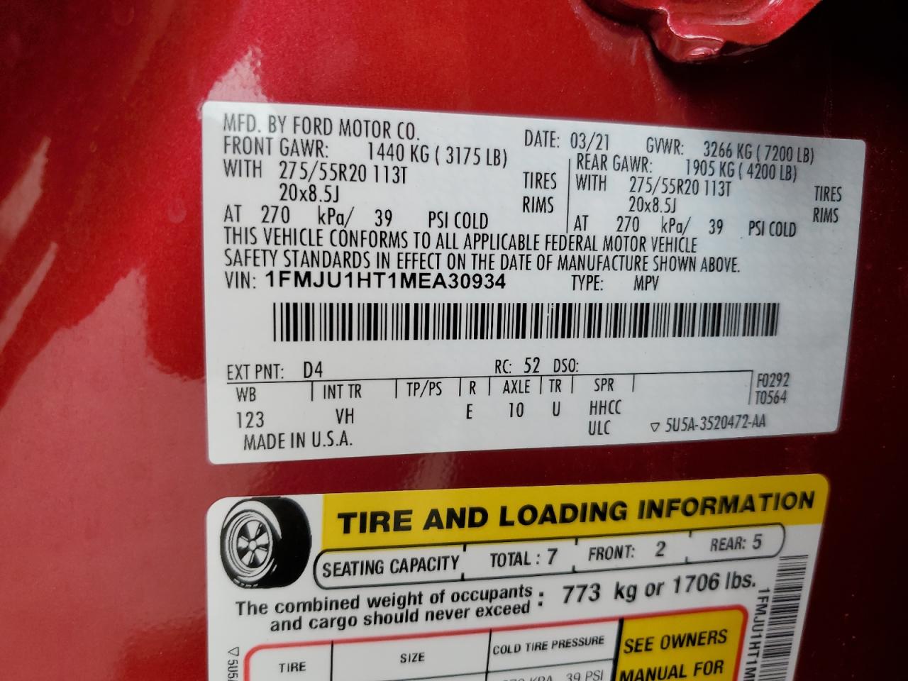 1FMJU1HT1MEA30934 2021 Ford Expedition Xlt