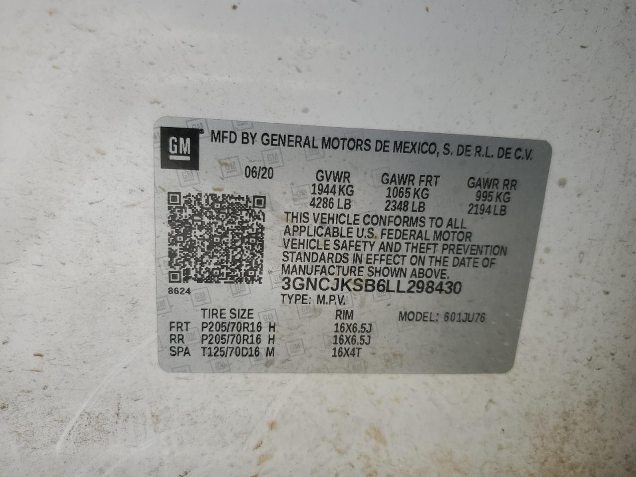 3GNCJKSB6LL298430 2020 Chevrolet Trax Ls