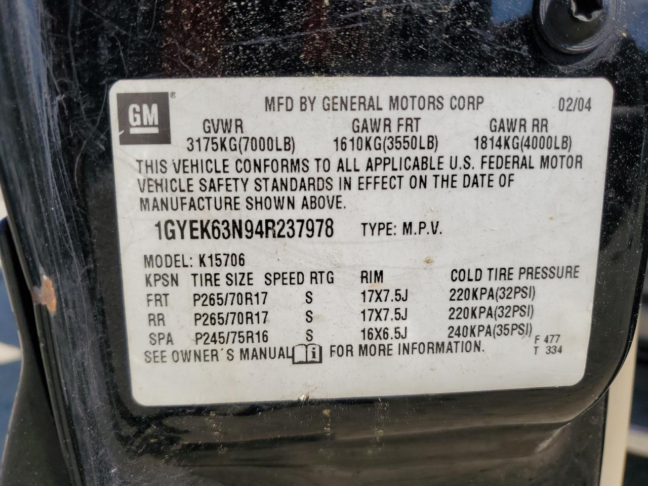 1GYEK63N94R237978 2004 Cadillac Escalade Luxury