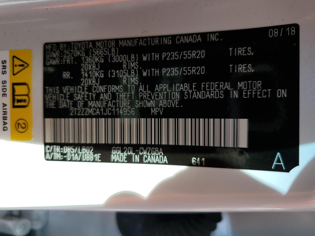 2T2ZZMCA1JC114956 2018 Lexus Rx 350 Base