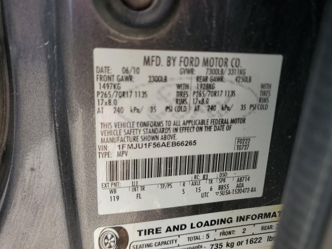 1FMJU1F56AEB66265 2010 Ford Expedition Xlt