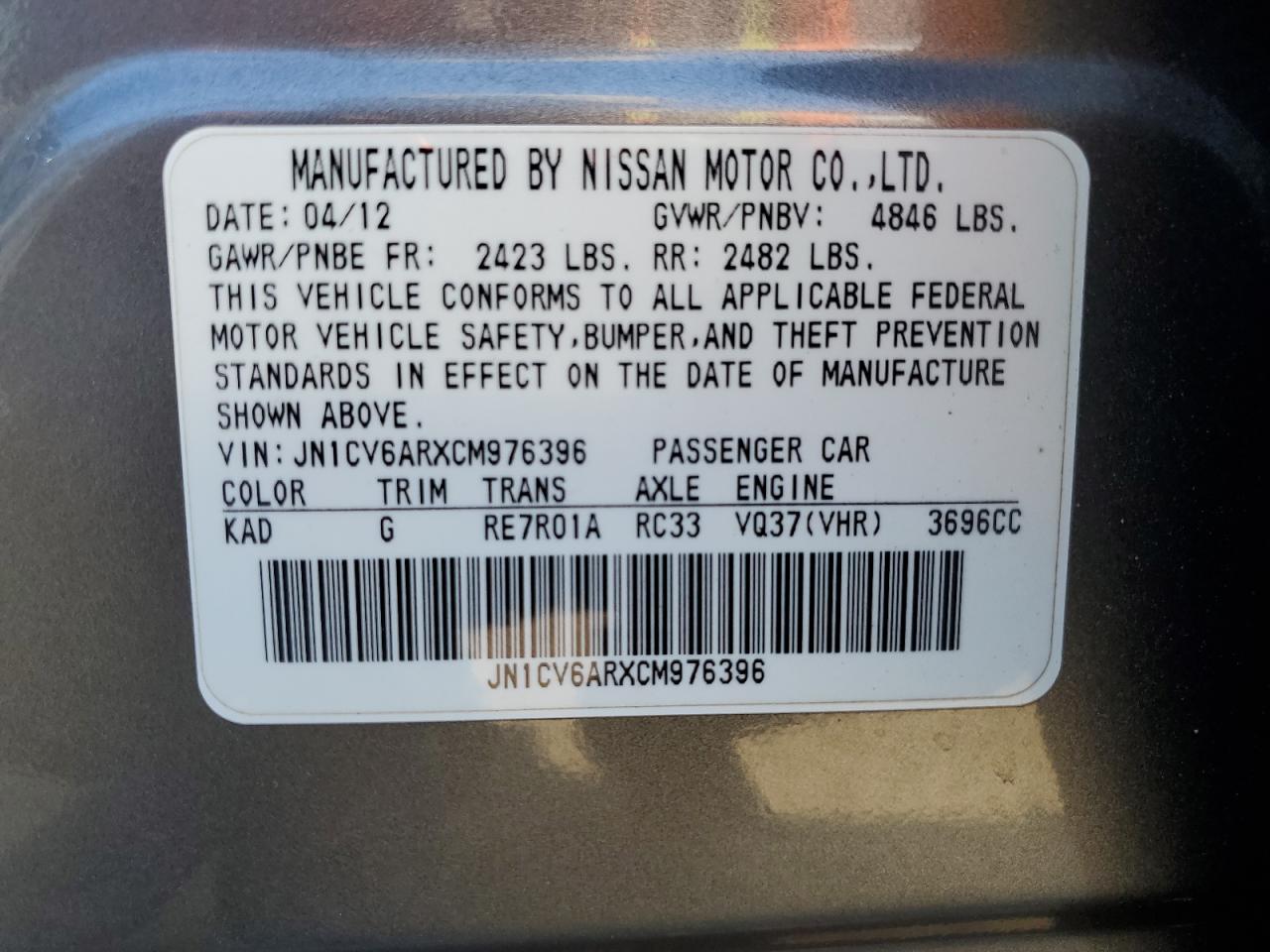 JN1CV6ARXCM976396 2012 Infiniti G37