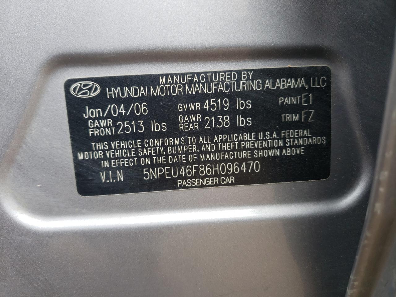 5NPEU46F86H096470 2006 Hyundai Sonata Gls