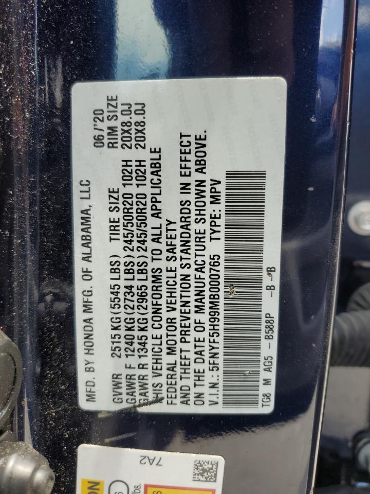 5FNYF5H99MB000765 2021 Honda Pilot Touring