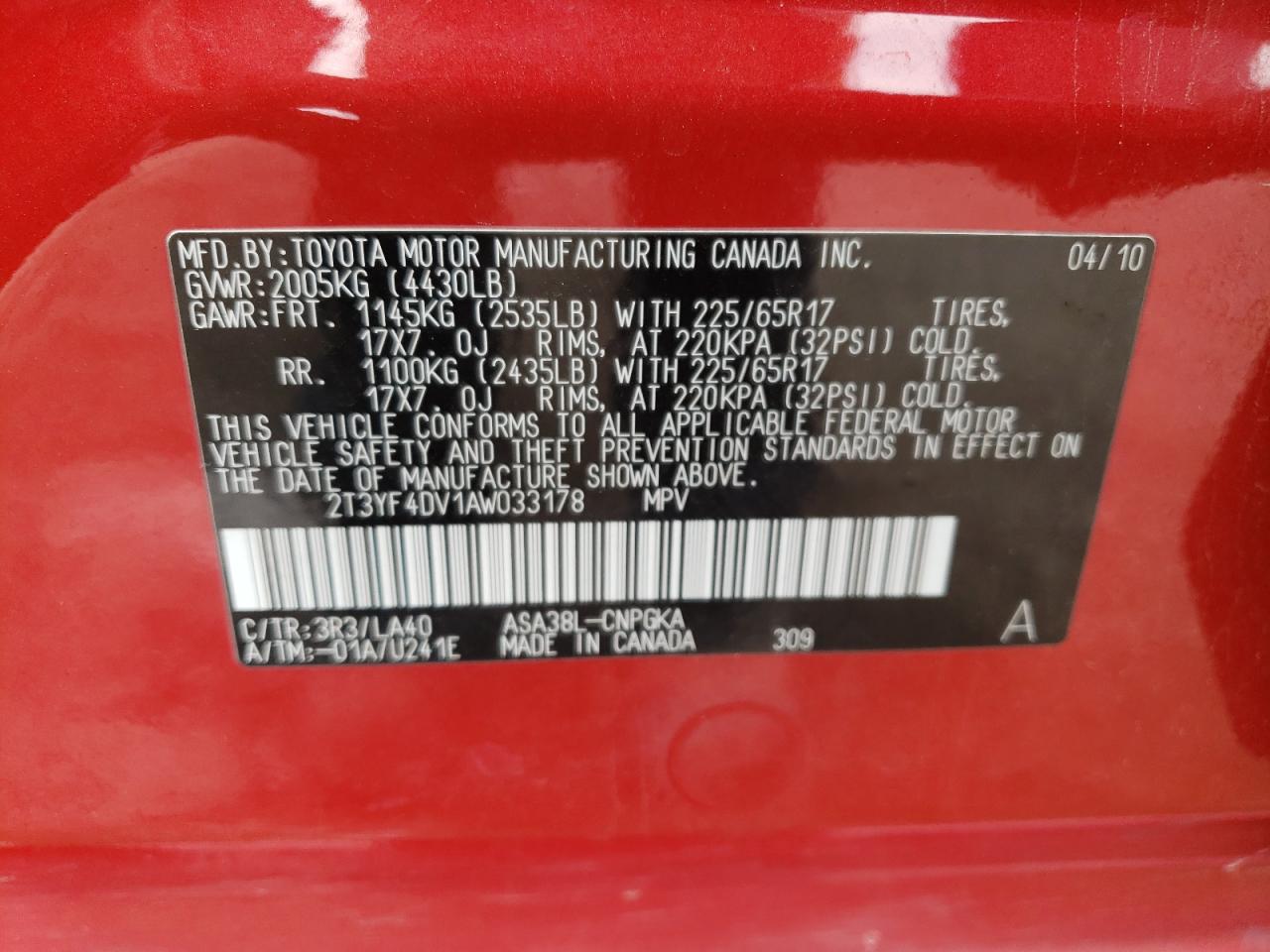 2T3YF4DV1AW033178 2010 Toyota Rav4 Limited