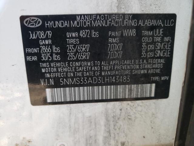 2020 Hyundai Santa Fe Sel VIN: 5NMS33AD3LH143483 Lot: 59645924