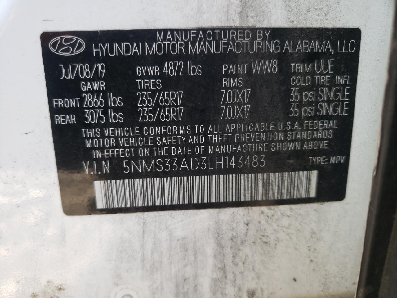 5NMS33AD3LH143483 2020 Hyundai Santa Fe Sel