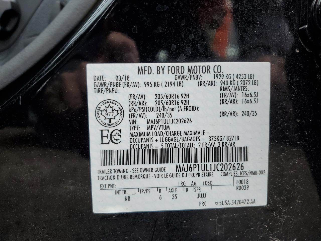 MAJ6P1UL1JC202626 2018 Ford Ecosport Se