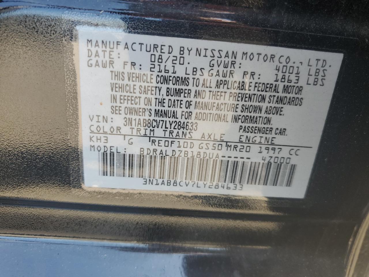 3N1AB8CV7LY284633 2020 Nissan Sentra Sv