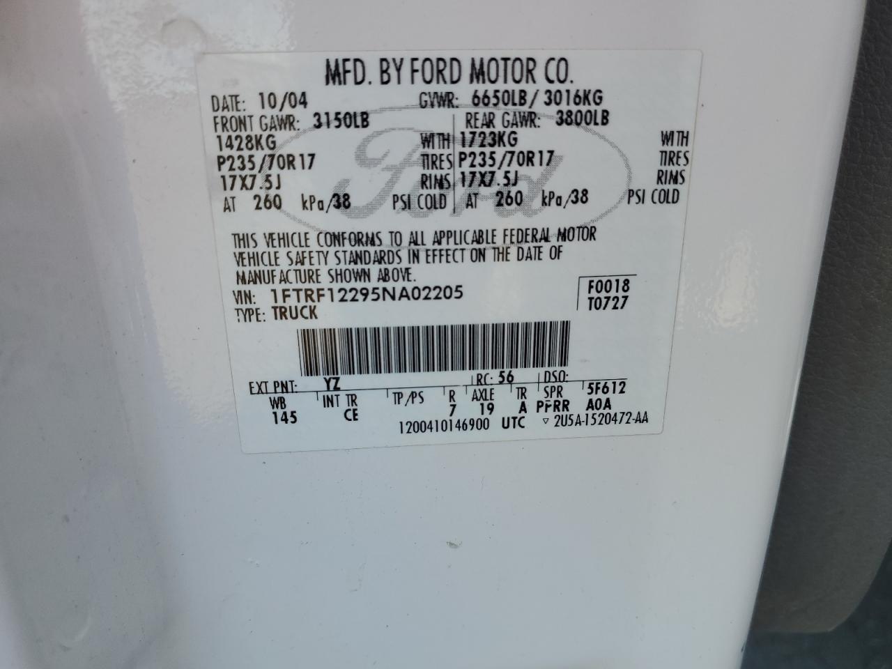 1FTRF12295NA02205 2005 Ford F150