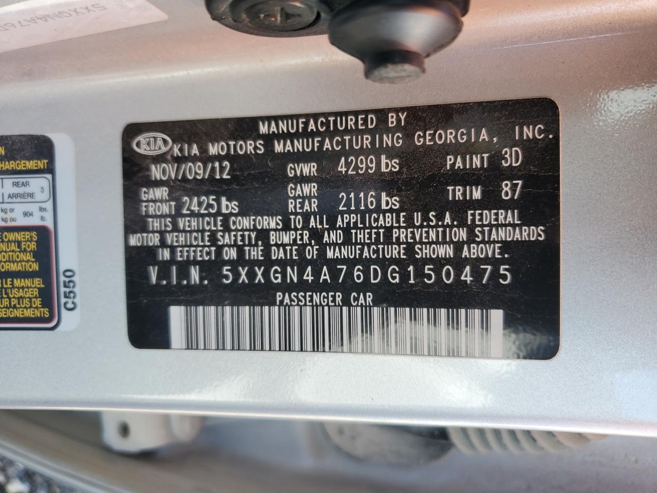 5XXGN4A76DG150475 2013 Kia Optima Ex