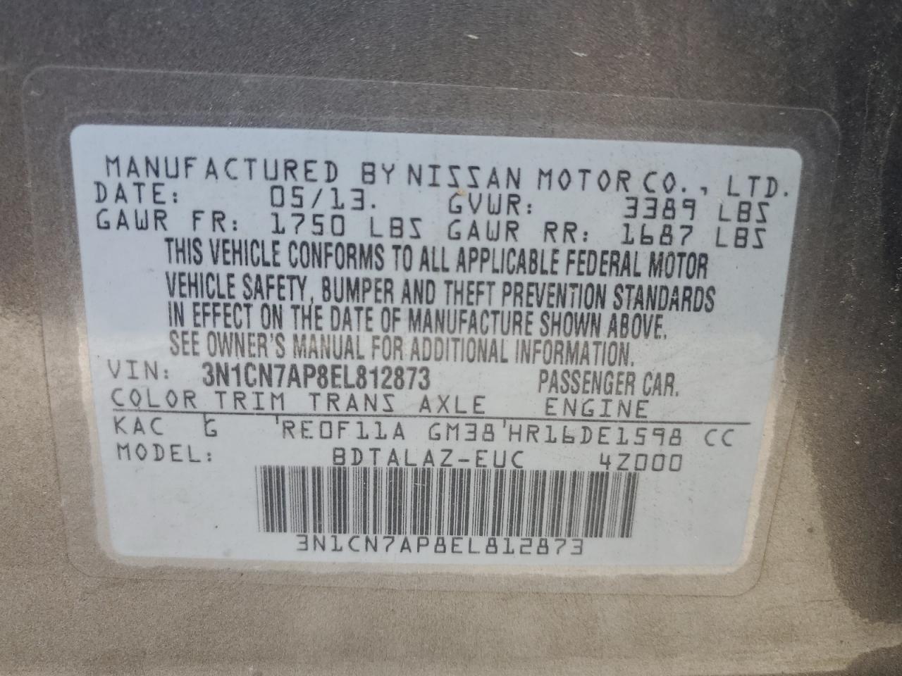 3N1CN7AP8EL812873 2014 Nissan Versa S