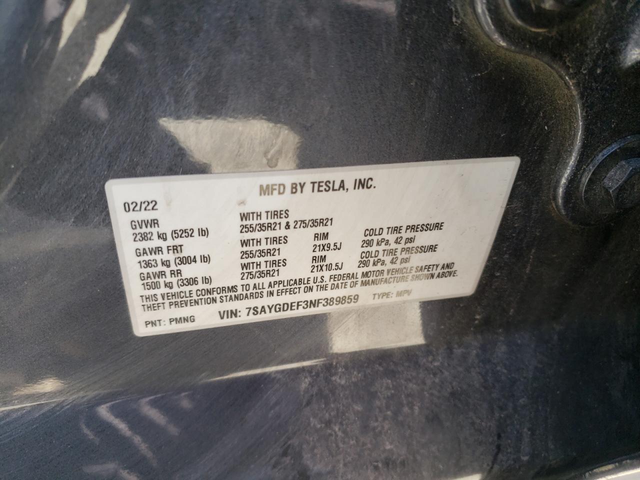 7SAYGDEF3NF389859 2022 Tesla Model Y