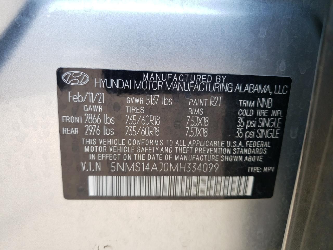 5NMS14AJ0MH334099 2021 Hyundai Santa Fe Se