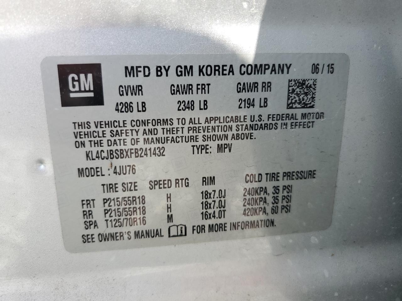 KL4CJBSBXFB241432 2015 Buick Encore Convenience