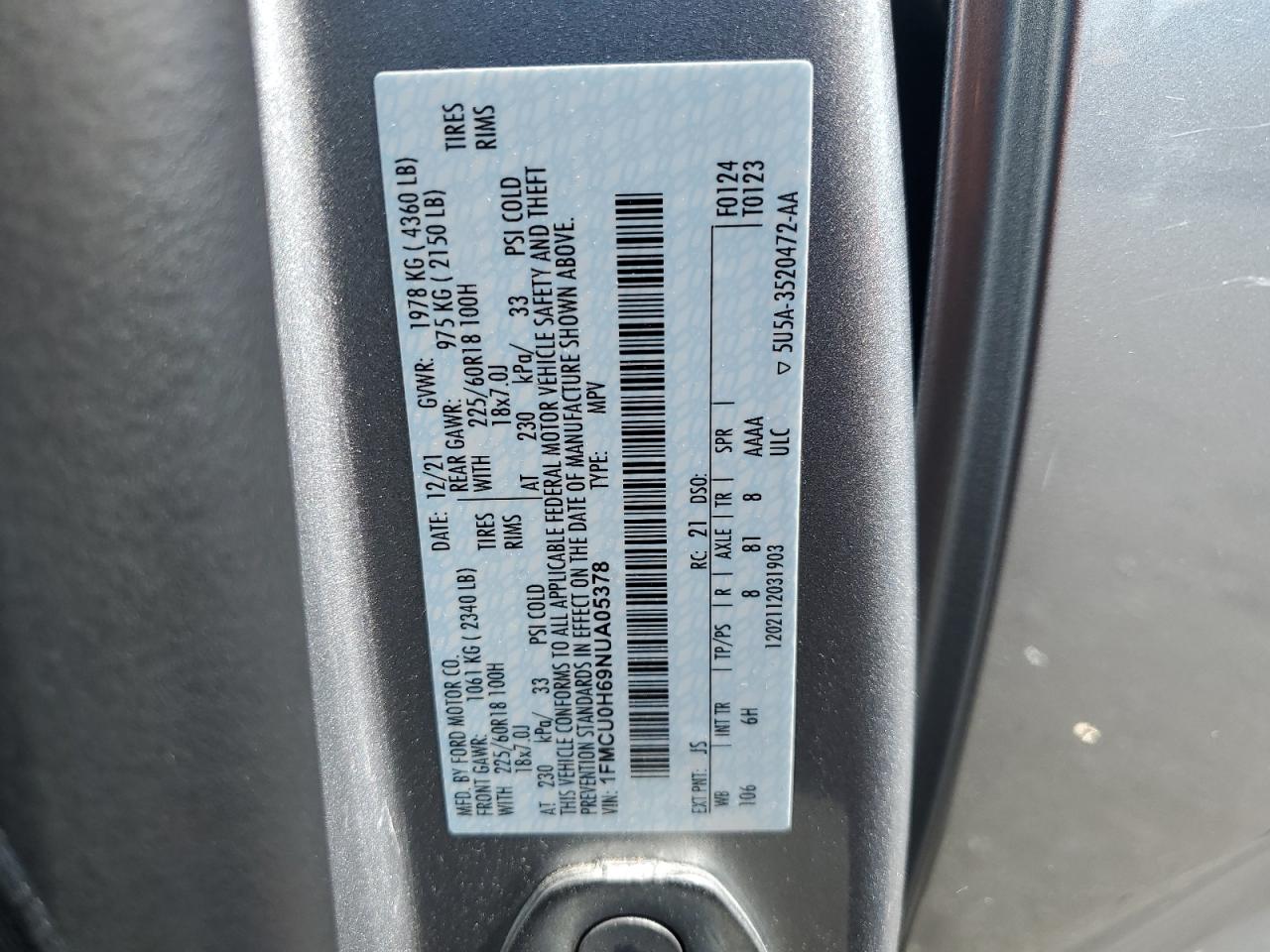 1FMCU0H69NUA05378 2022 Ford Escape Sel