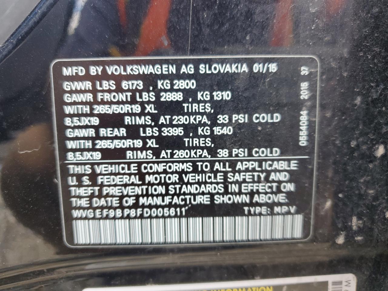 WVGEF9BP8FD005611 2015 Volkswagen Touareg V6