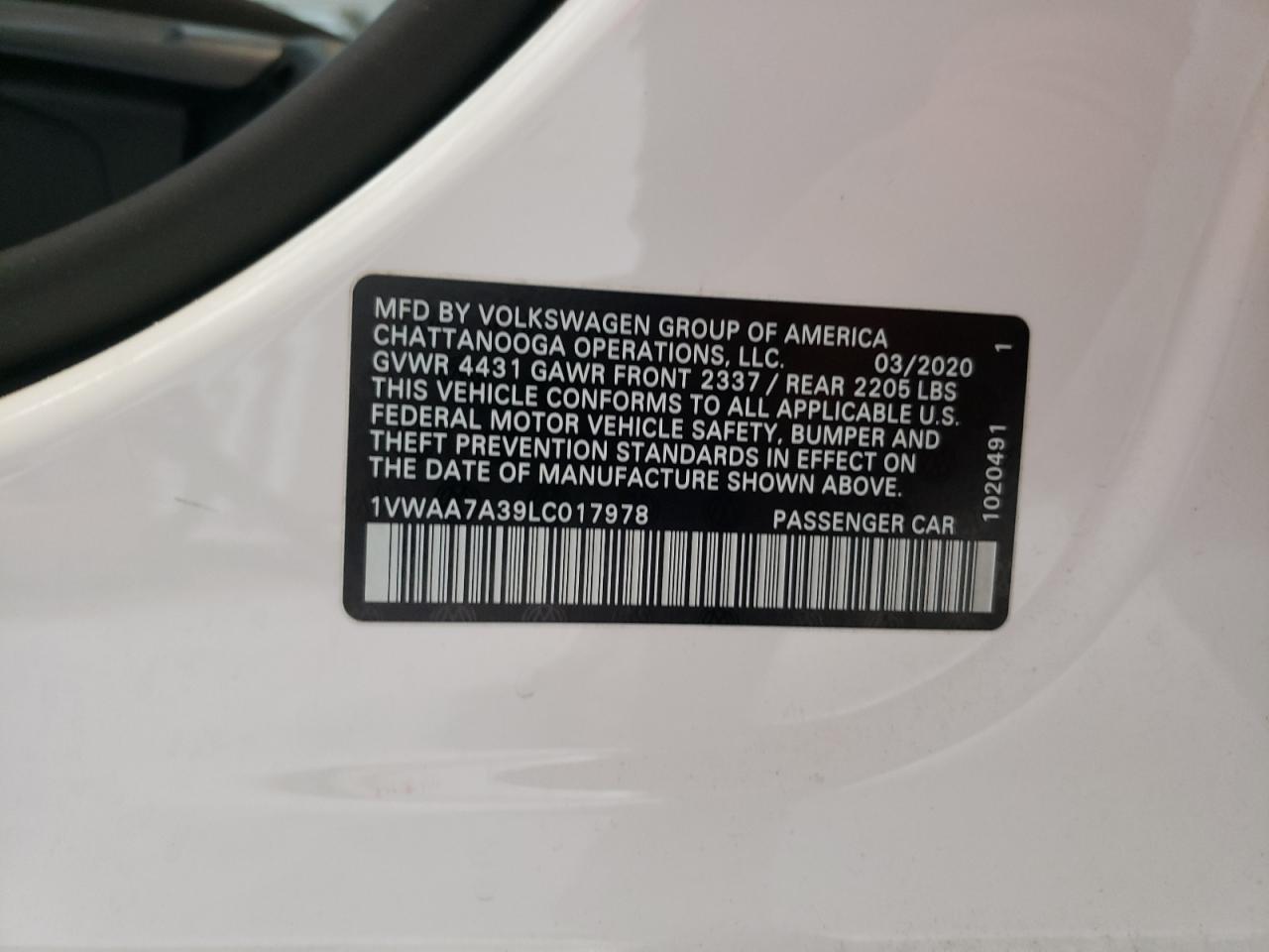 1VWAA7A39LC017978 2020 Volkswagen Passat S