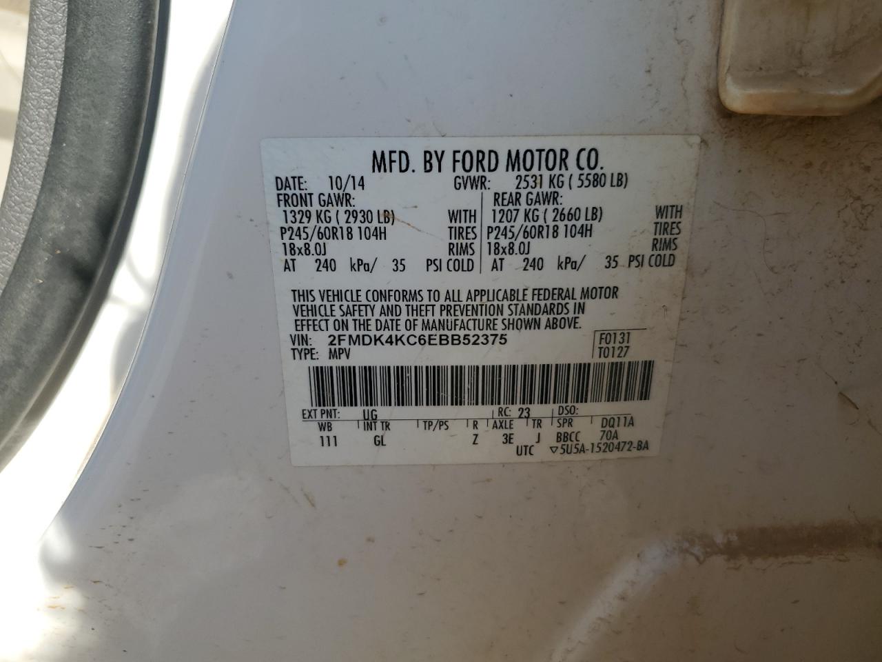 2FMDK4KC6EBB52375 2014 Ford Edge Limited