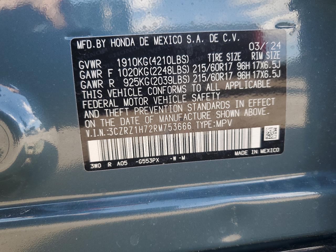 3CZRZ1H72RM753666 2024 Honda Hr-V Exl