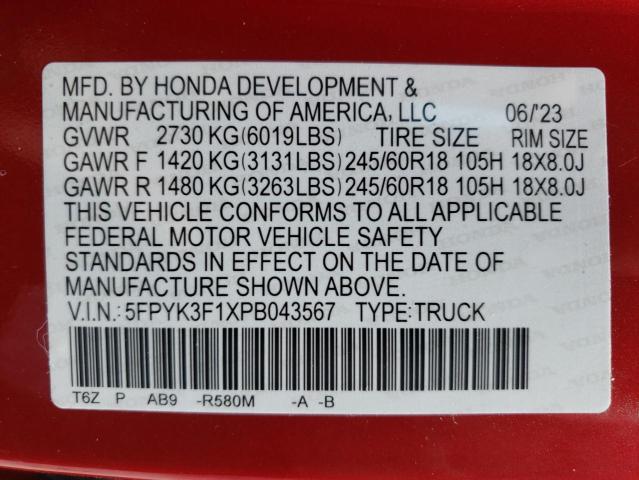 2023 Honda Ridgeline Sport VIN: 5FPYK3F1XPB043567 Lot: 57717044