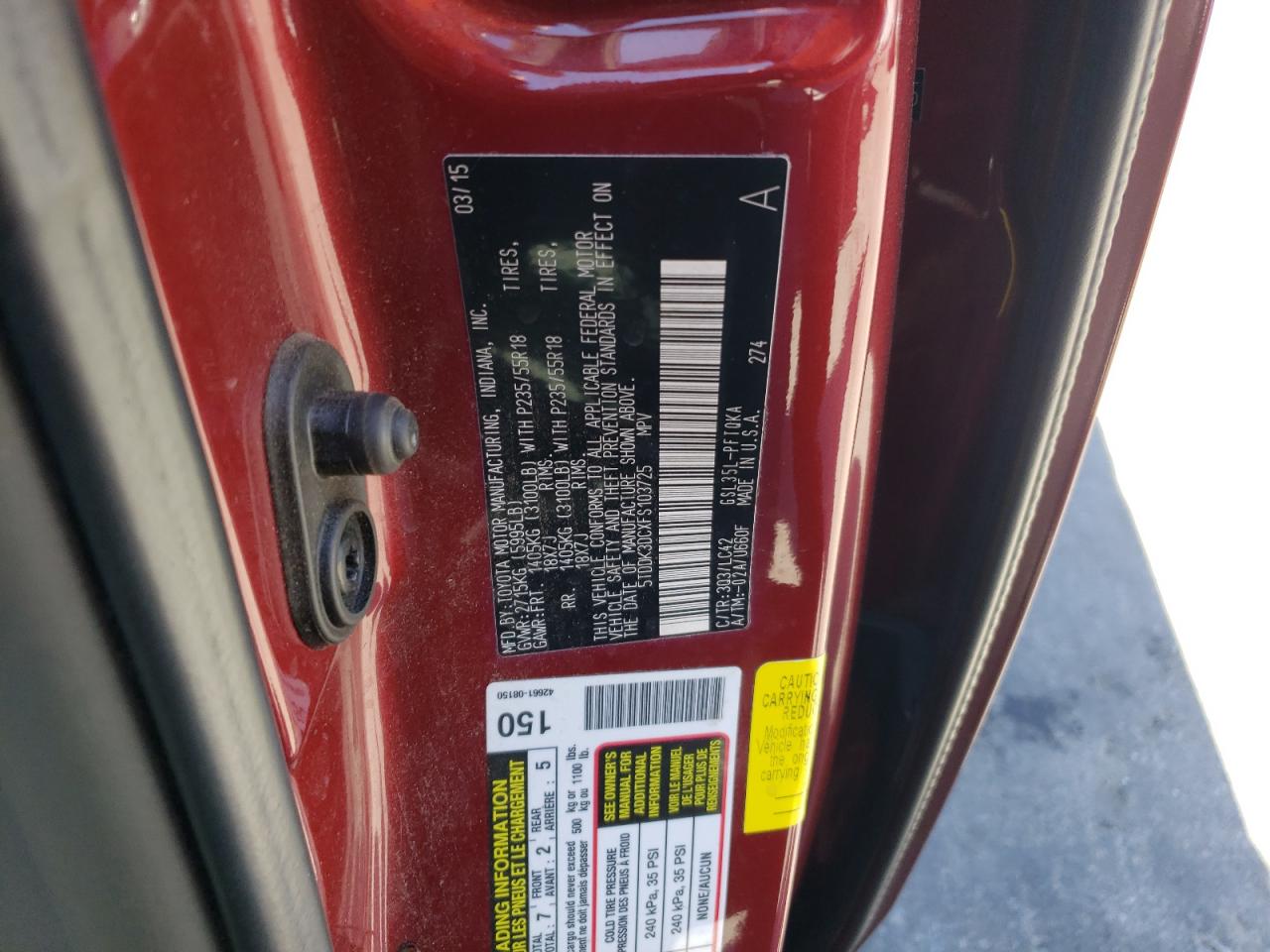 5TDDK3DCXFS103725 2015 Toyota Sienna Xle