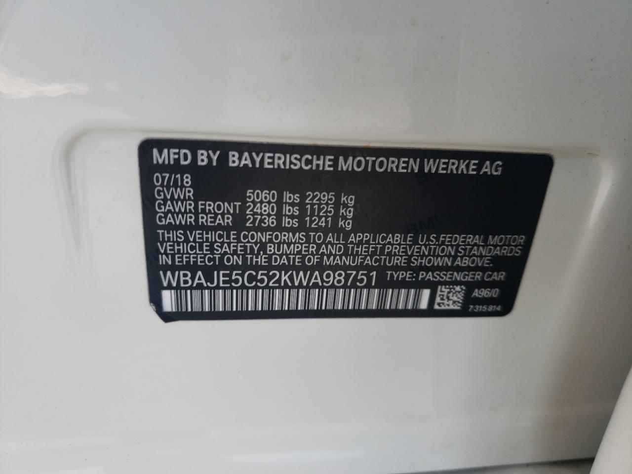 WBAJE5C52KWA98751 2019 BMW 540 I