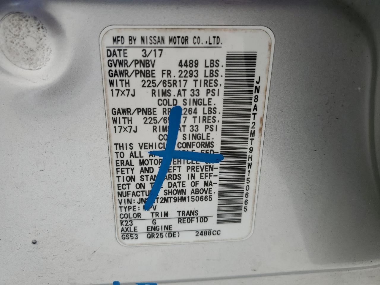 JN8AT2MT9HW150665 NISSAN ROGUE 2017