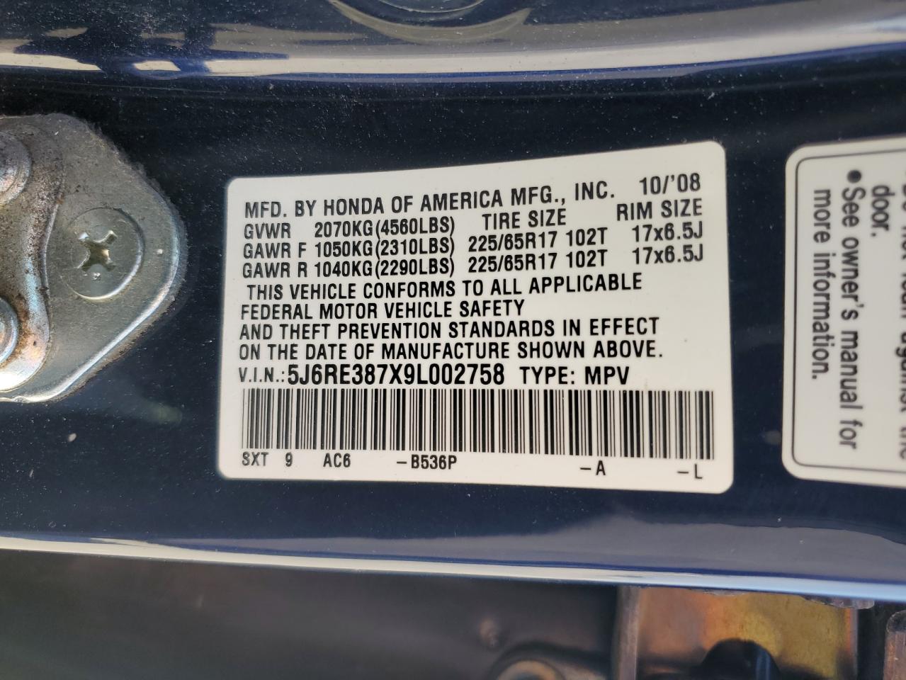 5J6RE387X9L002758 2009 Honda Cr-V Exl