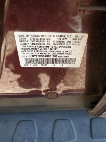 2010 Honda Pilot Touring VIN: 5FNYF3H98AB001308 Lot: 57260794