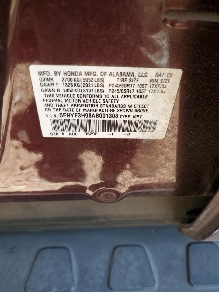 5FNYF3H98AB001308 2010 Honda Pilot Touring