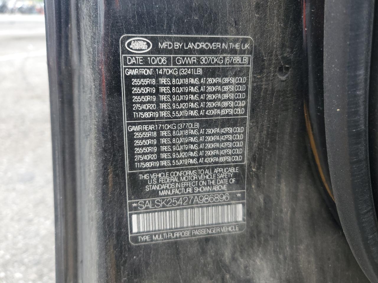 SALSK25427A986896 2007 Land Rover Range Rover Sport Hse