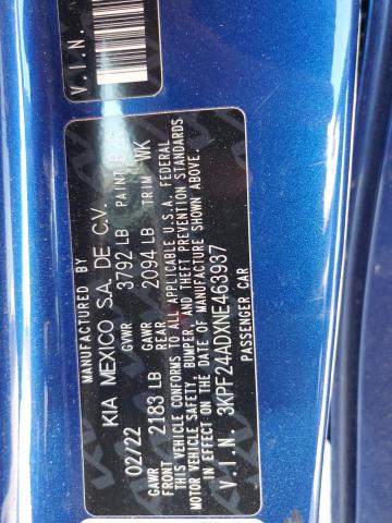 2022 Kia Forte Fe VIN: 3KPF24ADXNE463937 Lot: 60594234