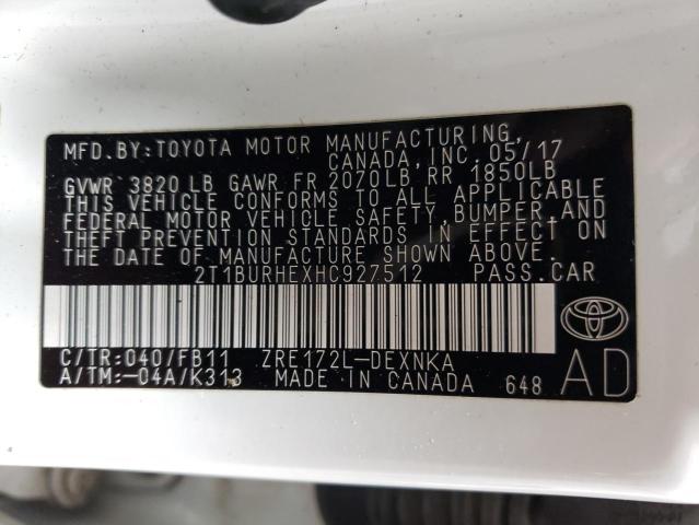 2017 Toyota Corolla L VIN: 2T1BURHEXHC927512 Lot: 57611424