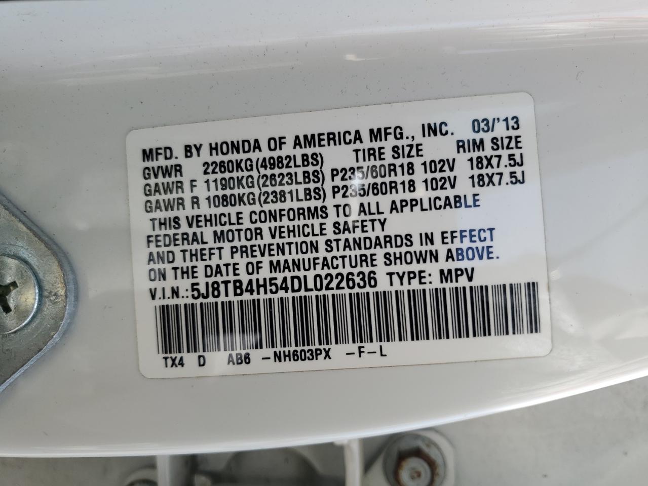 5J8TB4H54DL022636 2013 Acura Rdx Technology